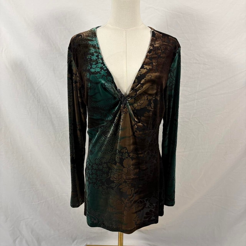 Susan Lawrence green brown velvet floral long sleeve top sz large fairy grunge